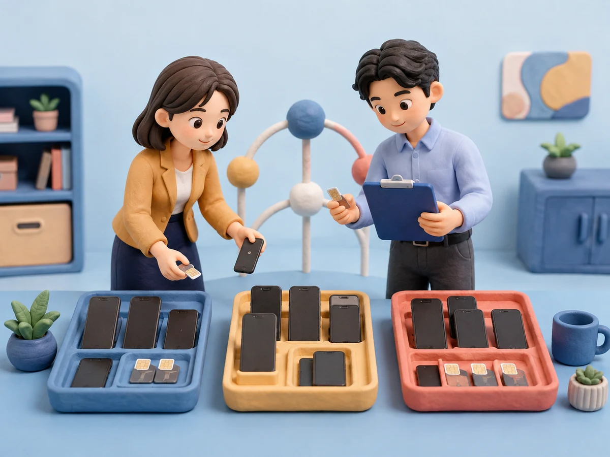 여러 법인폰과 유심을 나눠 통신사 이동 순서를 확인하는 클레이 사무실 장면