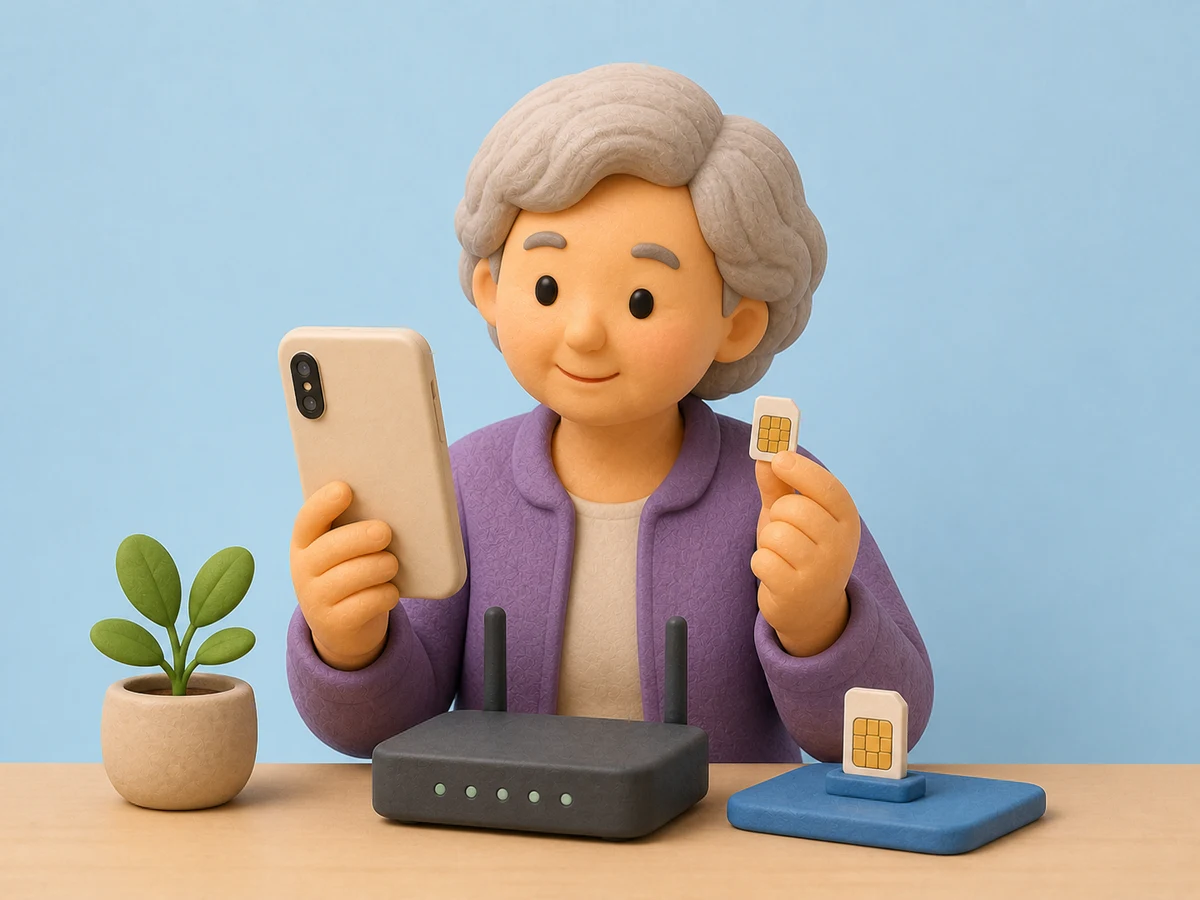 동일한 한국인 여성 고객이 스마트폰과 Wi-Fi 공유기를 보며 이전 준비를 확인하는 장면