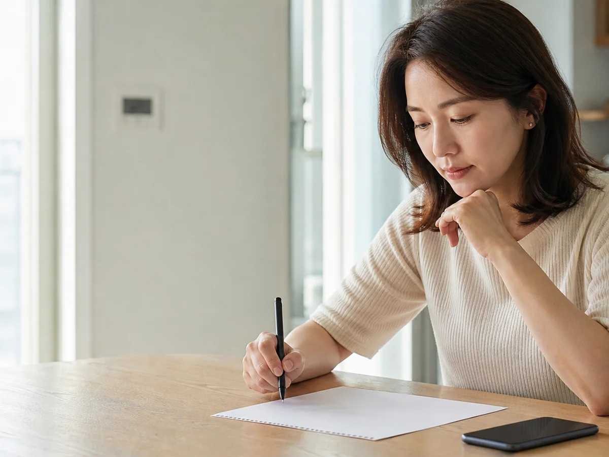 한국인 고객이 일반 스마트폰을 두고 커버 화면 사용 장면을 계획하는 모습