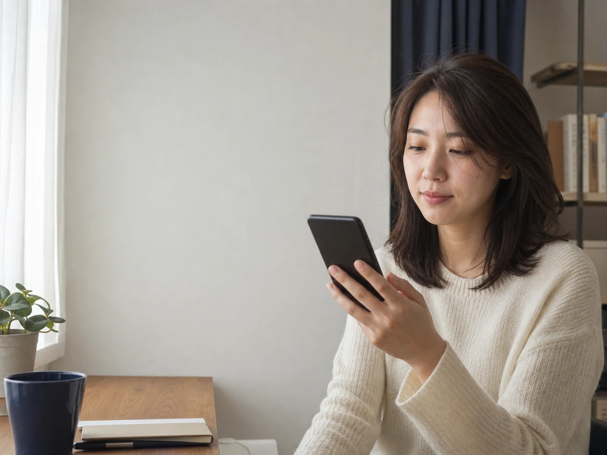 한국인 여성 고객이 집에서 아이폰 온라인 견적과 이전 준비 항목을 확인하는 장면