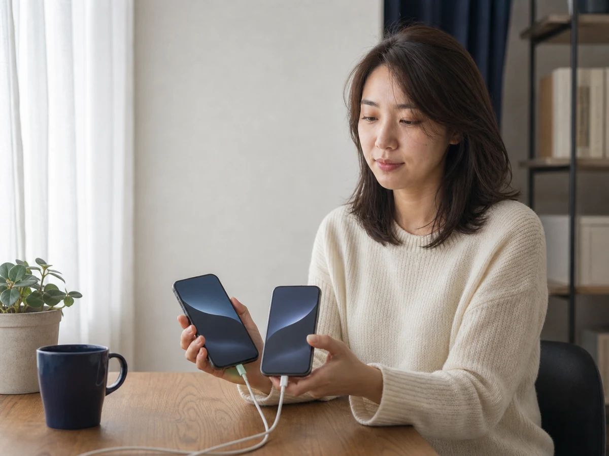 같은 한국인 여성 고객이 두 대의 일반 스마트폰을 가까이 두고 이전을 준비하는 장면