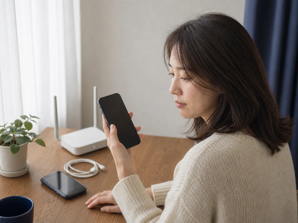 동일한 한국인 여성 고객이 스마트폰과 Wi-Fi 공유기를 보며 이전 준비를 확인하는 장면