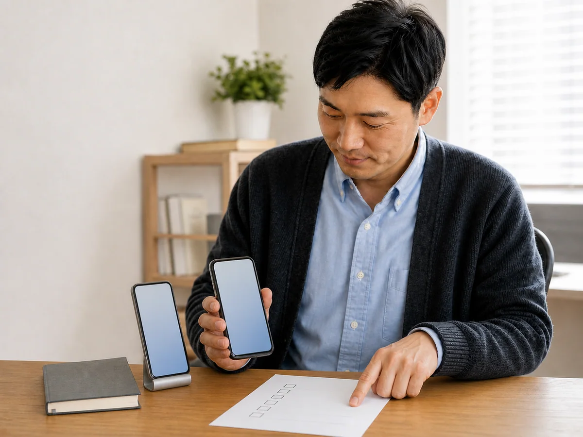 동일한 한국인 남성 고객이 새 스마트폰과 빈 체크리스트로 최종 로그인을 확인하는 장면