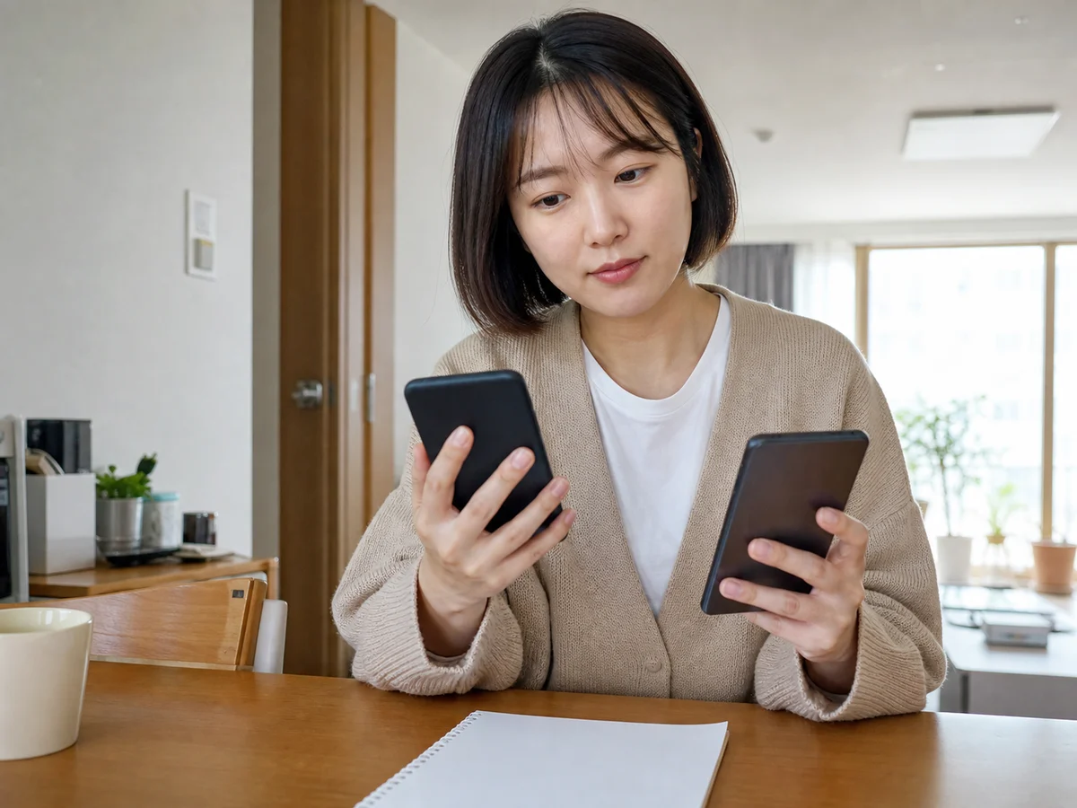 한국인 여성 고객이 집에서 두 대의 일반 스마트폰을 비교하며 기기변경을 준비하는 장면