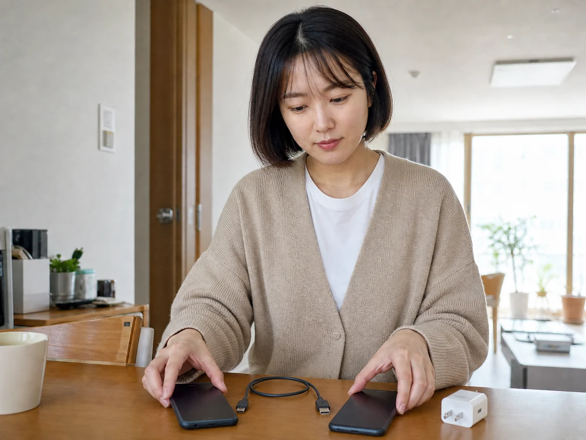 동일한 한국인 여성 고객이 두 대의 일반 스마트폰과 연결 케이블을 준비하는 장면