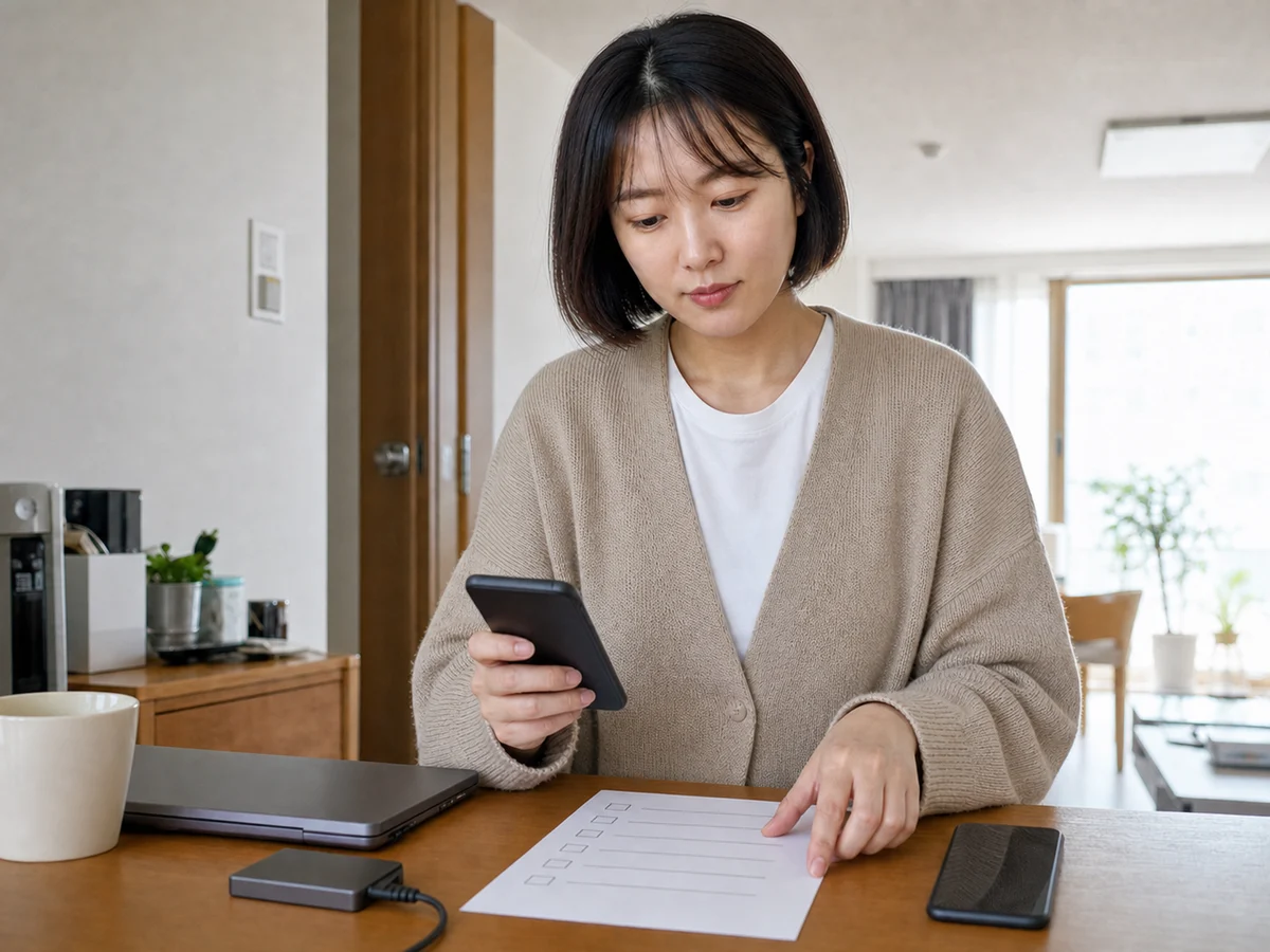 동일한 한국인 여성 고객이 일반 스마트폰과 빈 체크리스트를 보며 백업 항목을 점검하는 장면