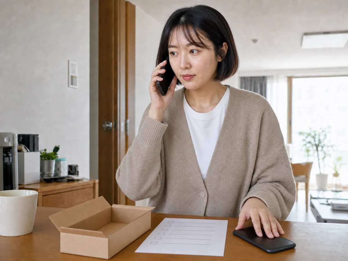 동일한 한국인 여성 고객이 새 스마트폰으로 시험 통화를 하고 기존 기기를 옆에 둔 장면