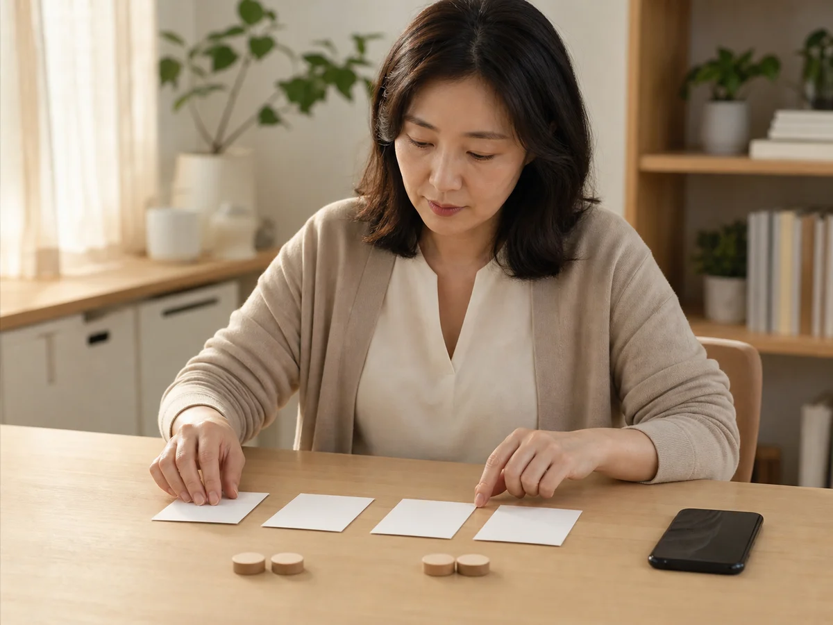 동일한 한국인 고객이 네 장의 빈 카드와 나무 토큰으로 총 부담 항목을 나누는 장면