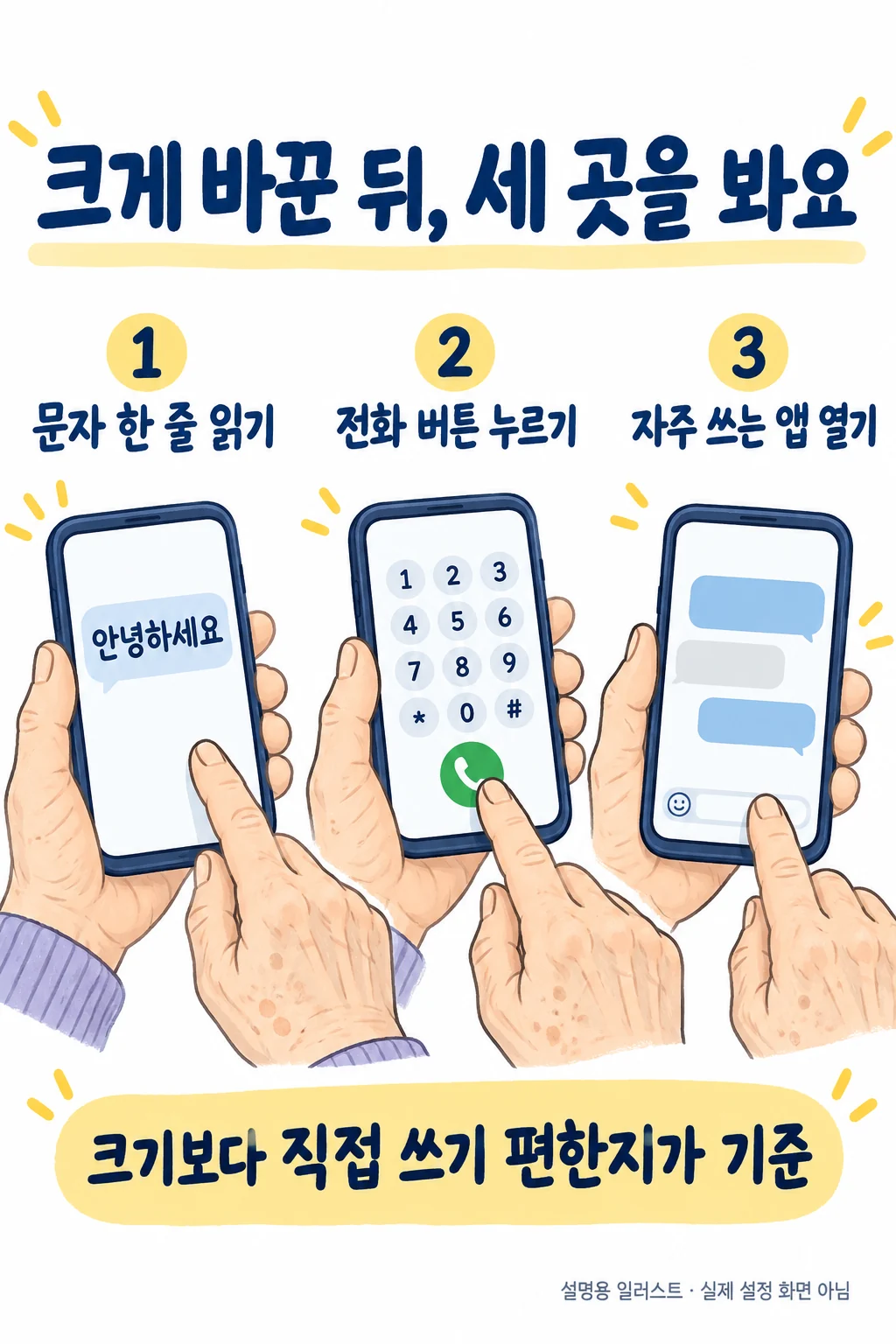 문자·전화·자주 쓰는 앱에서 크기 확인