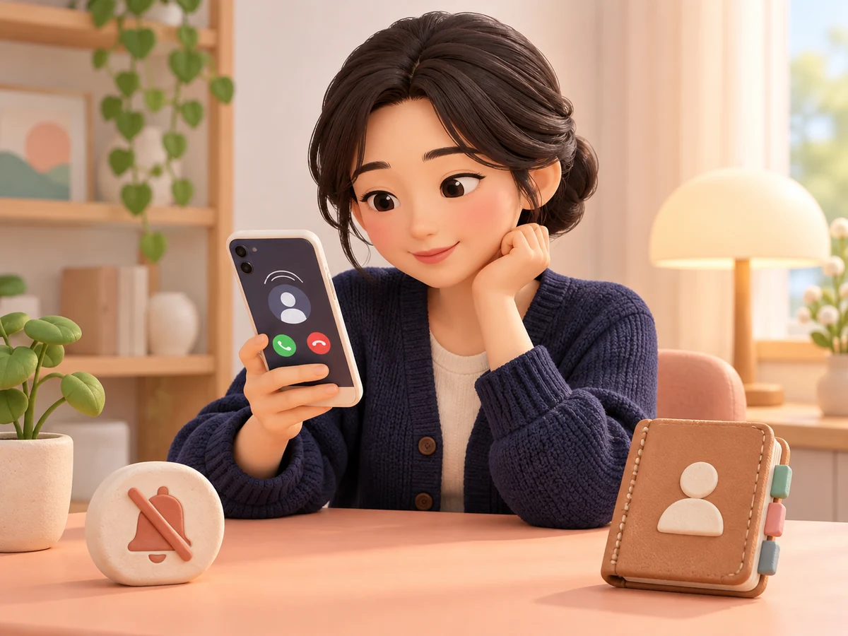 모르는 번호의 전화를 확인하는 인물과 무음 표시를 표현한 3D 설명 그림