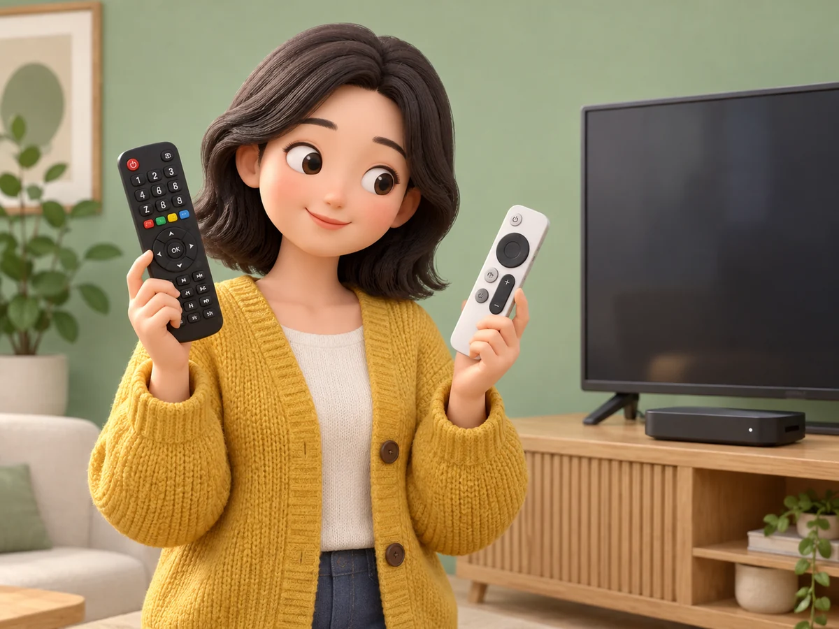 TV와 셋톱박스 옆에서 서로 다른 리모컨을 비교하는 3D 설명 그림