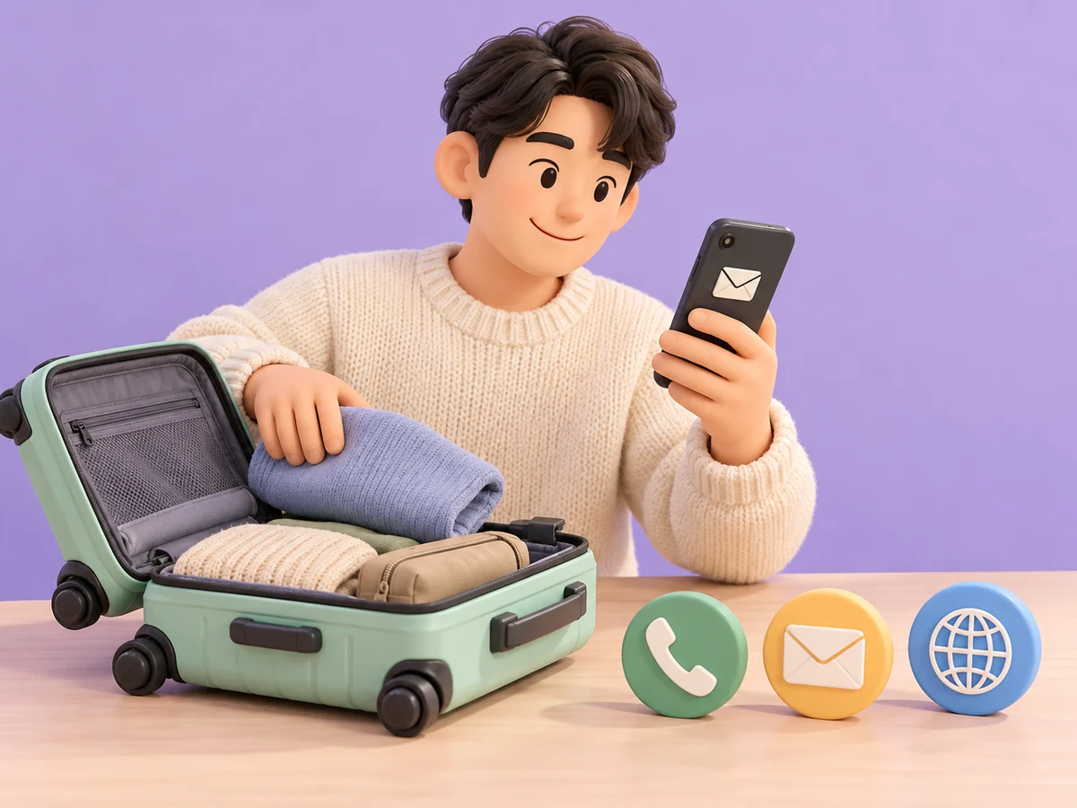 여행 가방과 휴대폰 옆에 통화 문자 데이터 표시를 놓은 3D 설명 그림